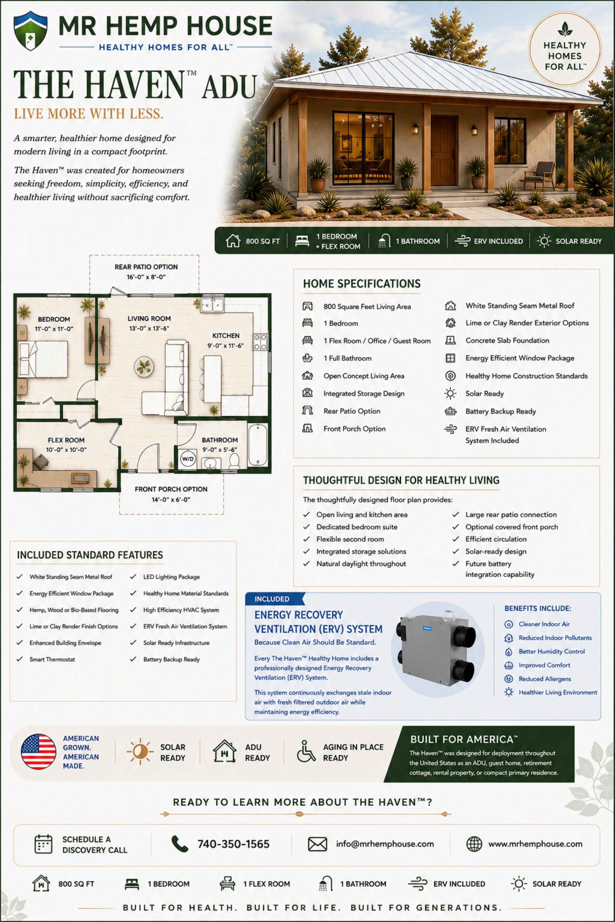 The Haven healthy home design marketing sheet showing floor plan, specifications, ERV ventilation system, healthy home features, and solar-ready ADU design.
