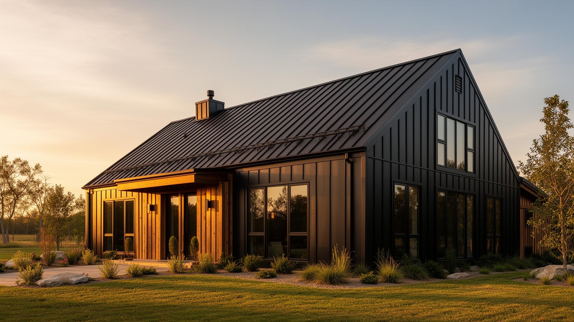 Luxury modern steel-frame barndominium with standing-seam metal roof and warm wood accents at golden hour — a Healthy Barndominium by Mr Hemp House.