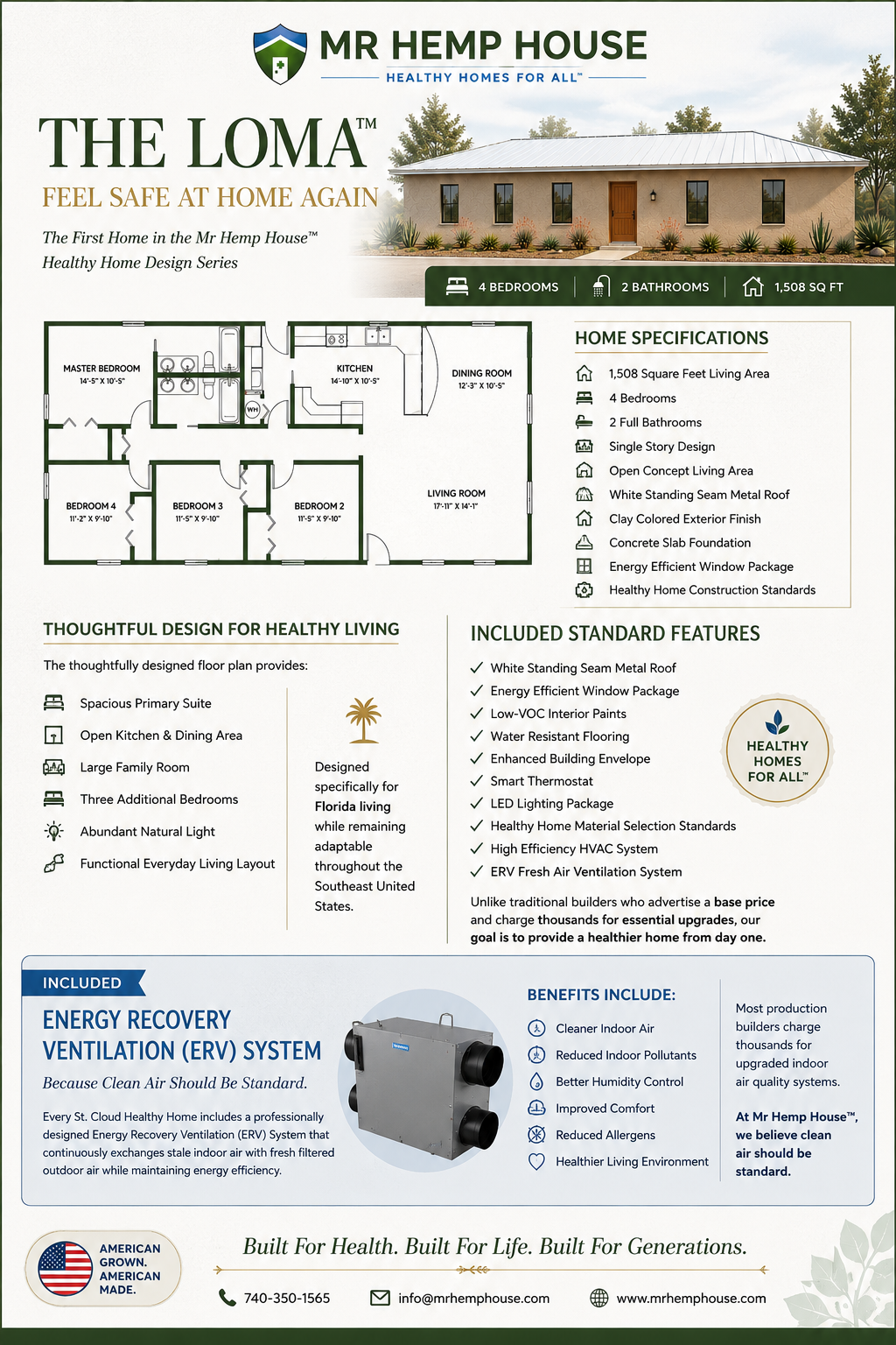 The Loma healthy home design showing 1,508 square feet, 4 bedrooms, 2 bathrooms, ERV ventilation, healthy home construction standards, floor plan, and included healthy home features.