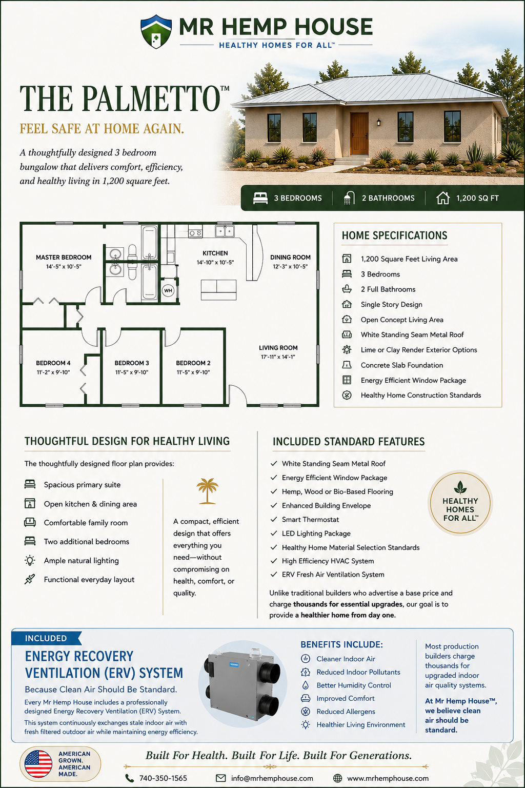 The Palmetto healthy home design marketing sheet showing 1,200 square feet, 3 bedrooms, 2 bathrooms, ERV ventilation system, healthy home construction standards, floor plan, and included healthy home features.
