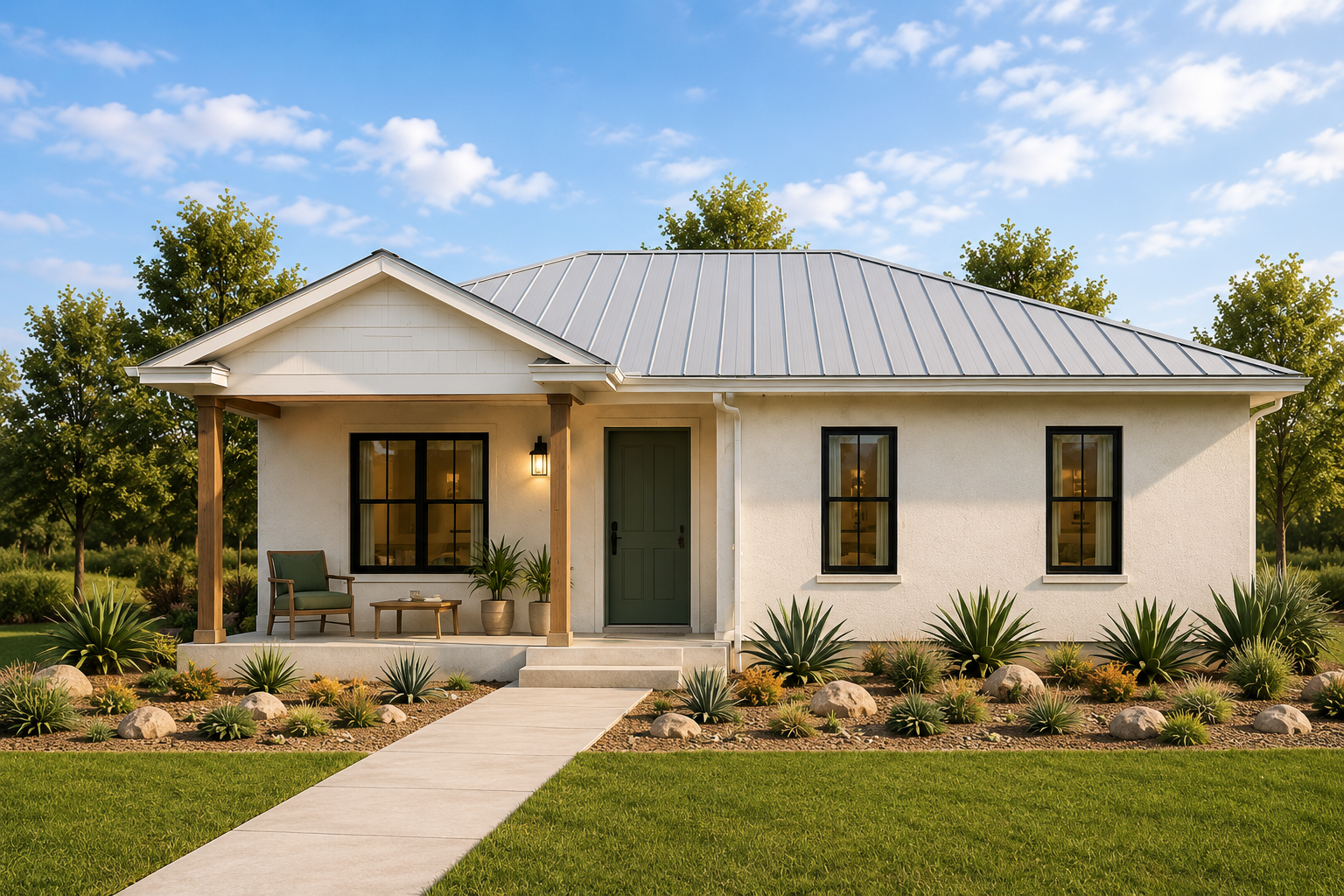 The Homestead affordable healthy home exterior rendering by Mr Hemp House featuring 3 bedrooms, 2 bathrooms, ERV ventilation, solar-ready infrastructure, and healthy home construction standards.