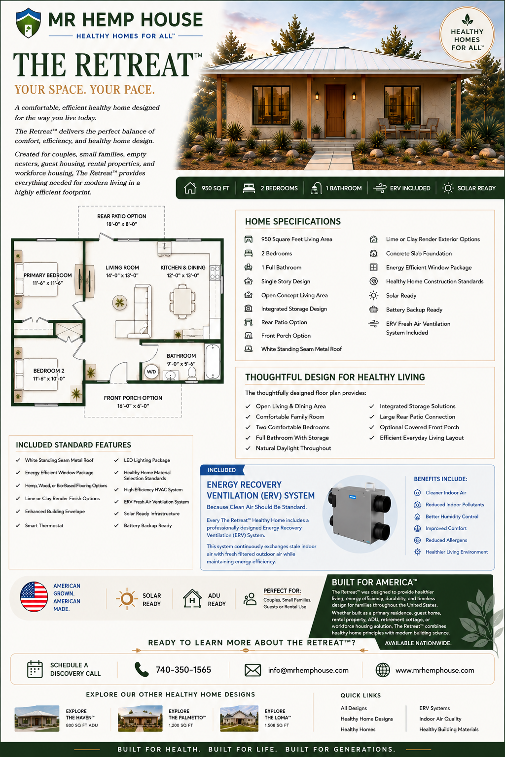 The Retreat healthy home design marketing sheet showing 950 square feet, 2 bedrooms, 1 bathroom, ERV ventilation system, solar-ready infrastructure, healthy home construction standards, floor plan, and included features.