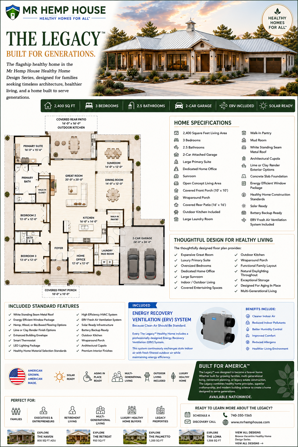 The Legacy healthy home design by Mr Hemp House showing 2,400 square feet, 3 bedrooms, 2.5 bathrooms, 2-car garage, outdoor kitchen, ERV ventilation, solar-ready infrastructure, and healthy home construction standards.