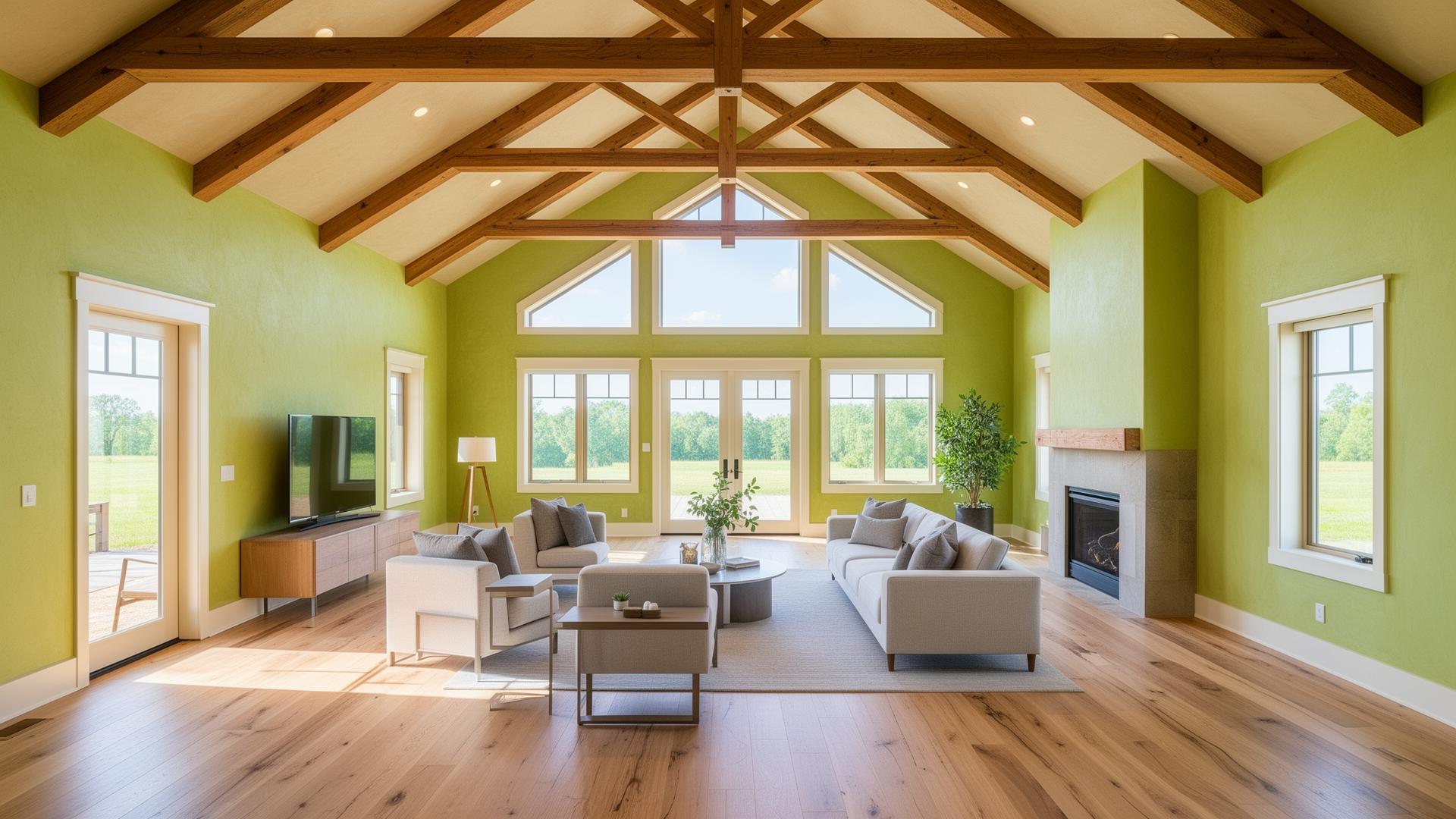 Bright, healthy interior of a hemp-insulated barndominium great room with vaulted wood ceilings and natural light.