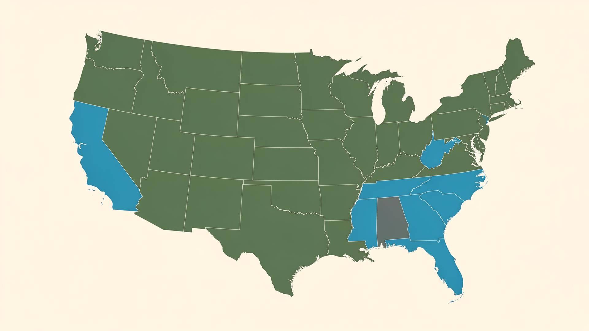 Stylized map of the United States highlighting Mr Hemp House Healthy Barndominium service across Florida, Texas, Colorado, Arizona, North Carolina, California, Montana, and Tennessee.
