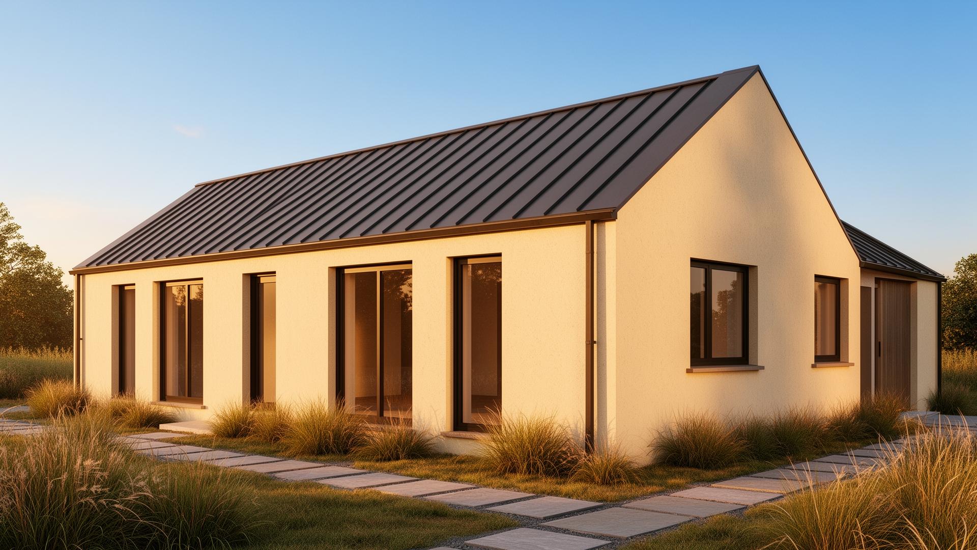 Exterior architectural rendering of a hempcrete house with lime plaster walls and standing-seam metal roof, illustrating the cost of building a healthy hempcrete home by Mr Hemp House.