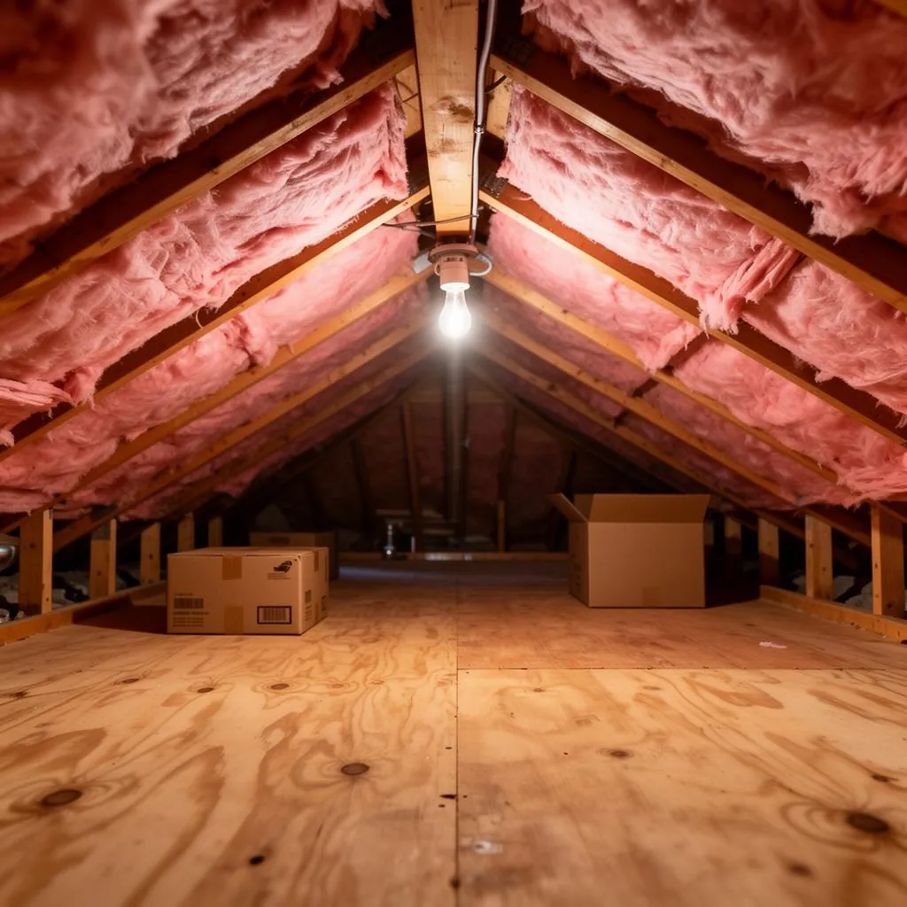 Conventional attic insulated with fiberglass batts and spray foam