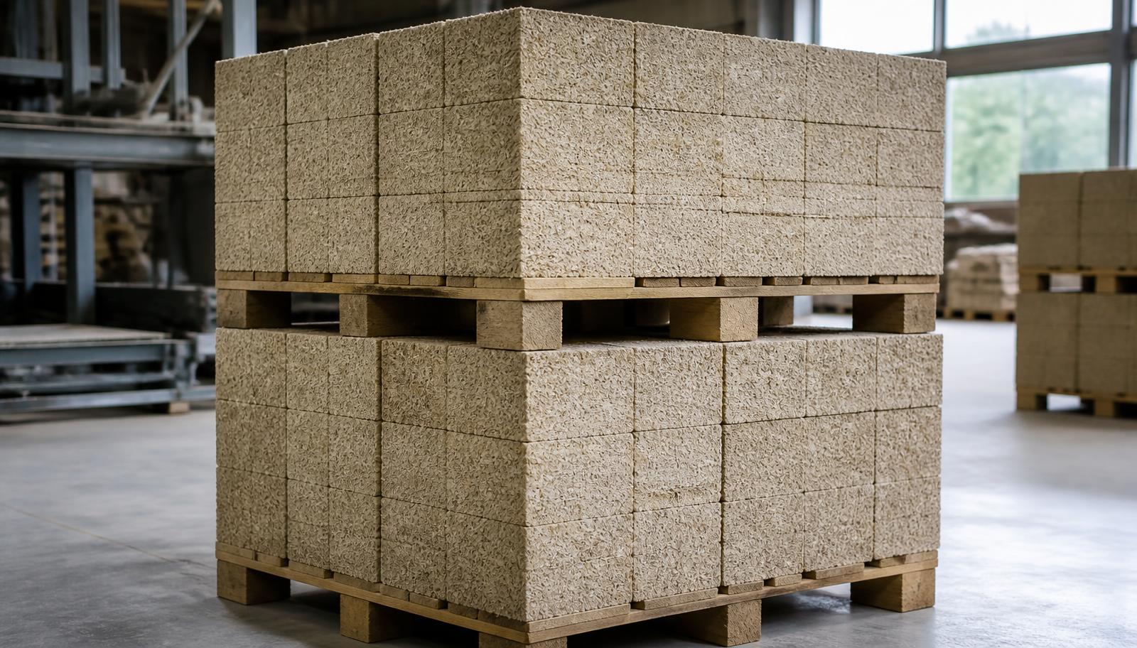 GaiaBloc hemp-lime building blocks stacked on pallets in a Mr Hemp House warehouse
