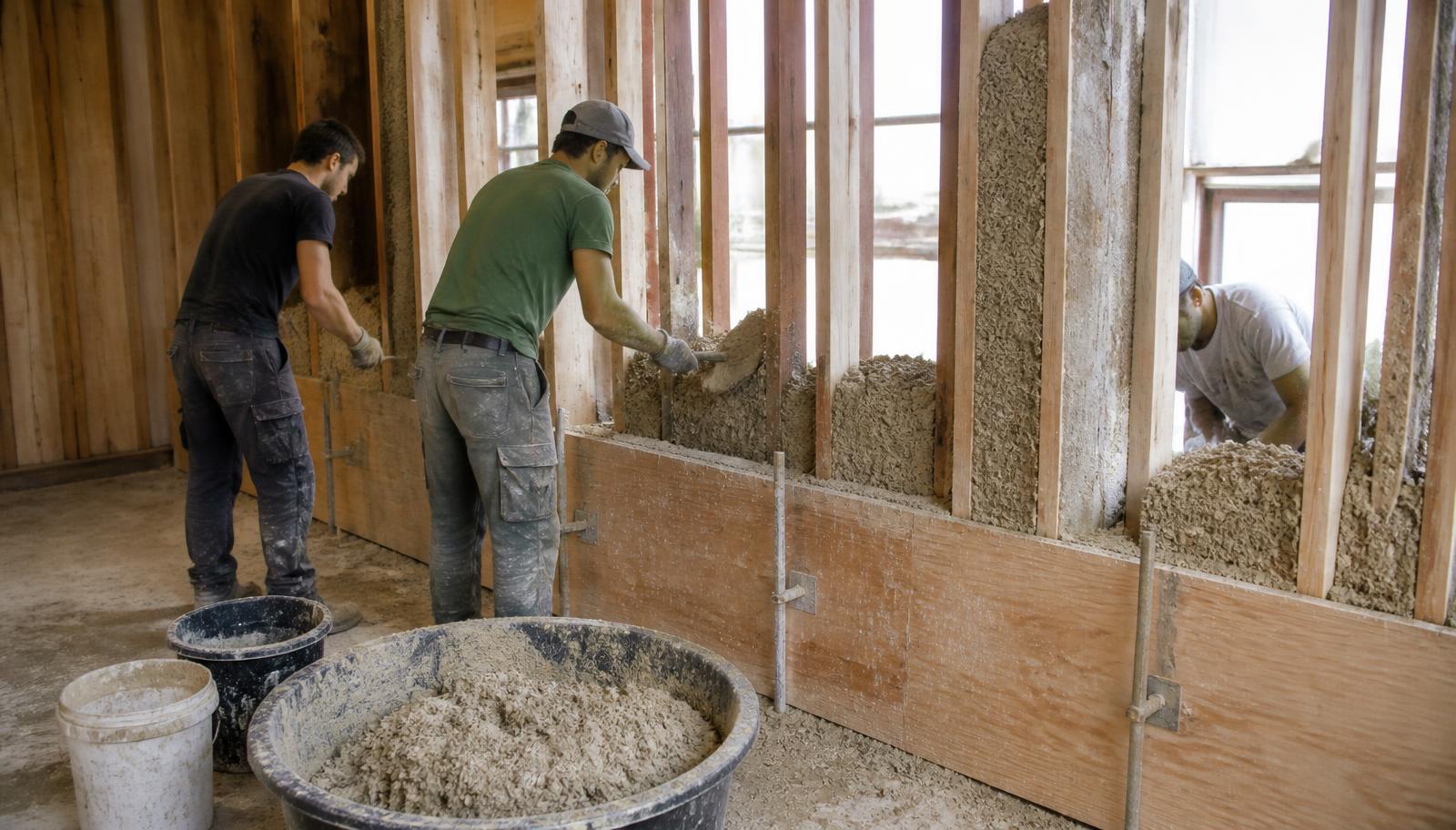 Crew casting hemp-lime wall infill into formwork against wood framing on a Mr Hemp House project