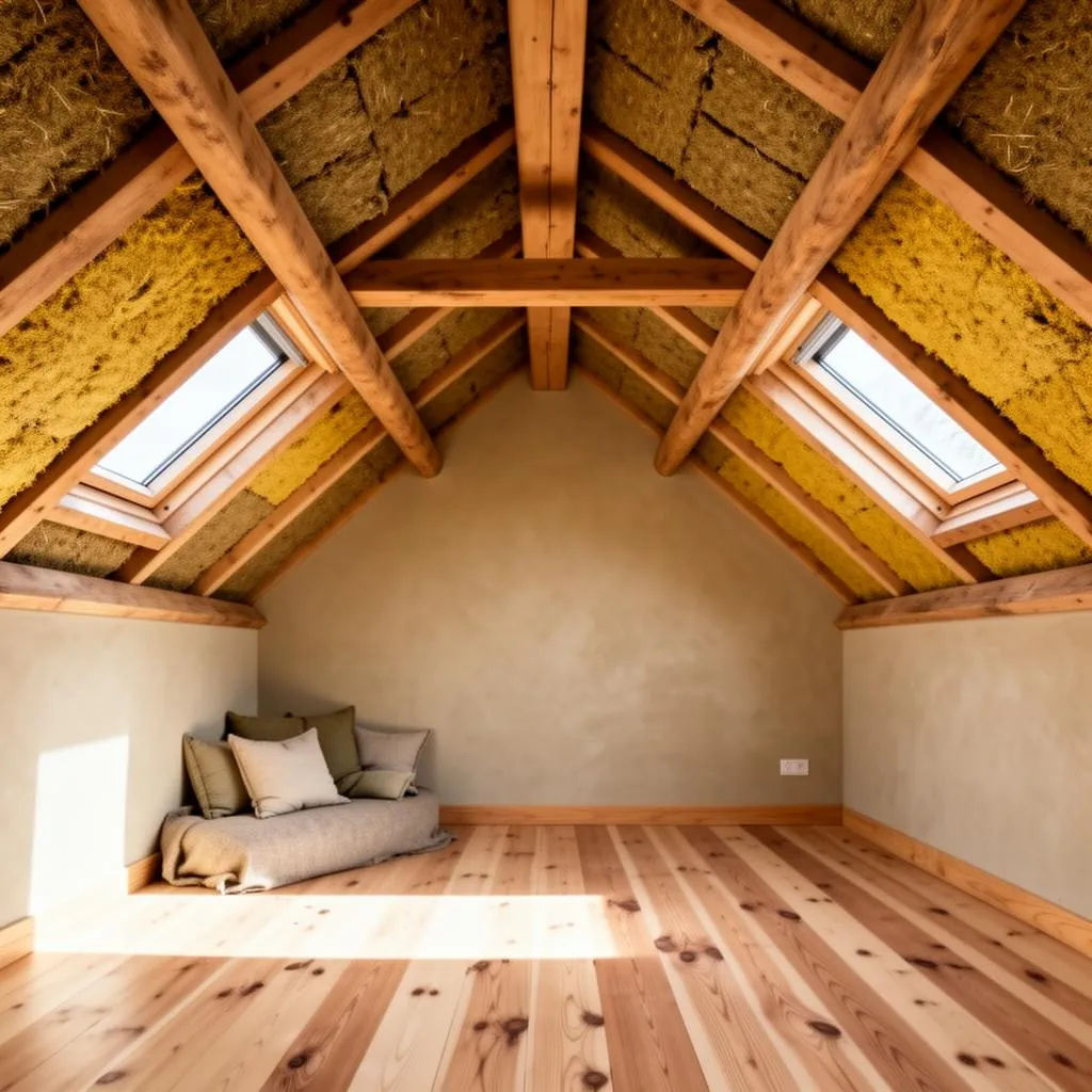 Attic insulated with GaiaCrete™ hempcrete / hemp-lime building material alternative