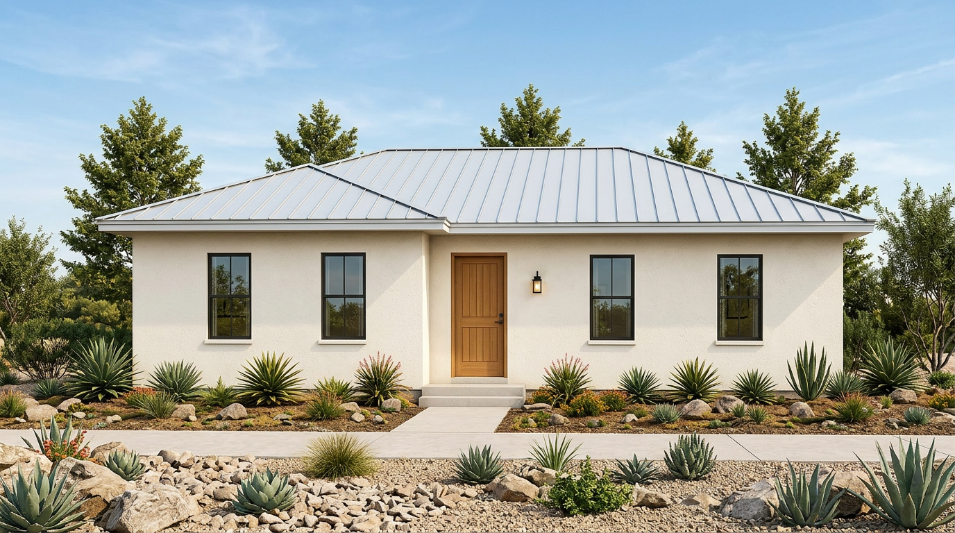 The Palmetto healthy home design by Mr Hemp House featuring 3 bedrooms, 2 bathrooms, 1,200 square feet, ERV system included, single-story bungalow with standing seam metal roof.