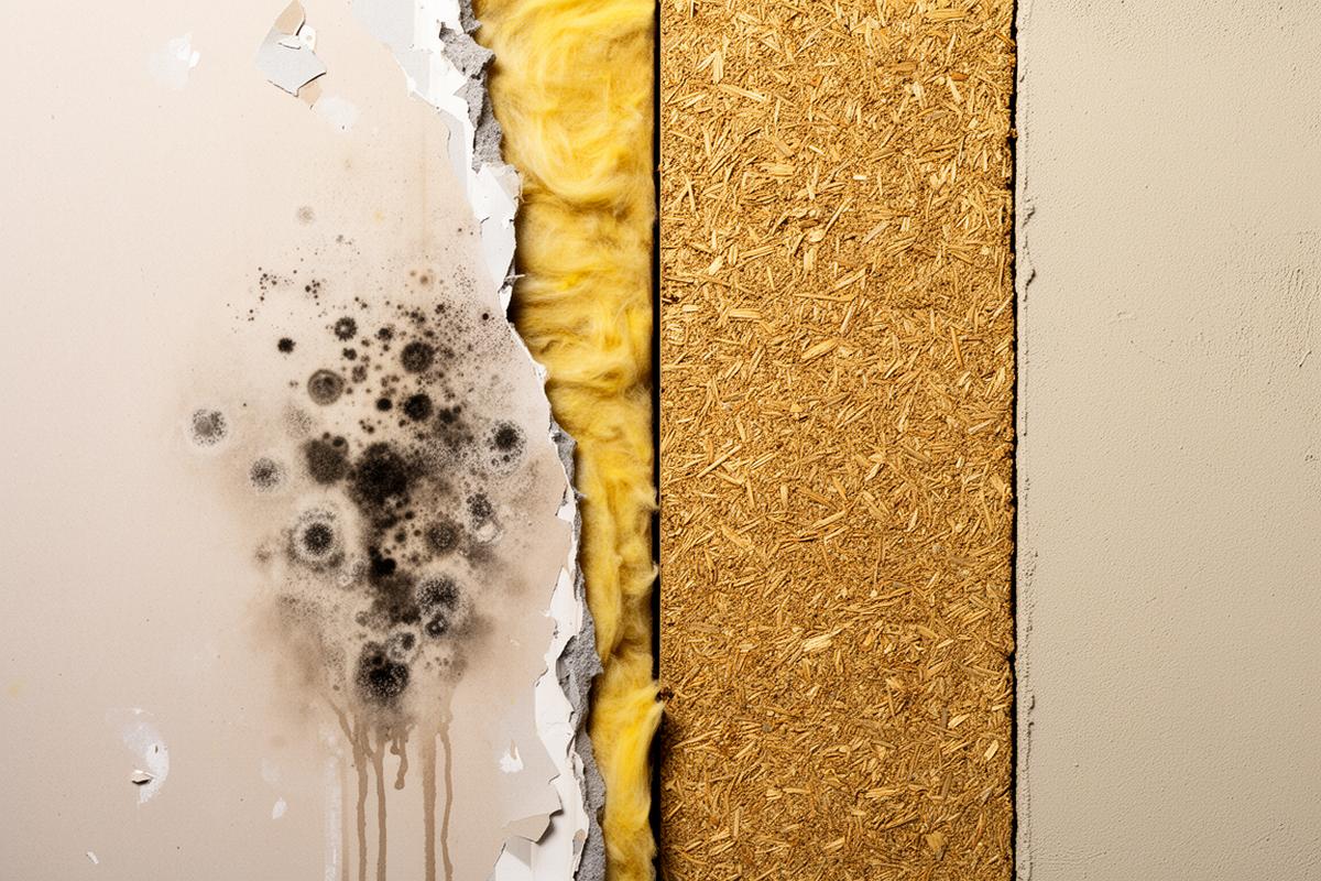 Side-by-side wall assembly comparing conventional insulation to GaiaCrete hempcrete