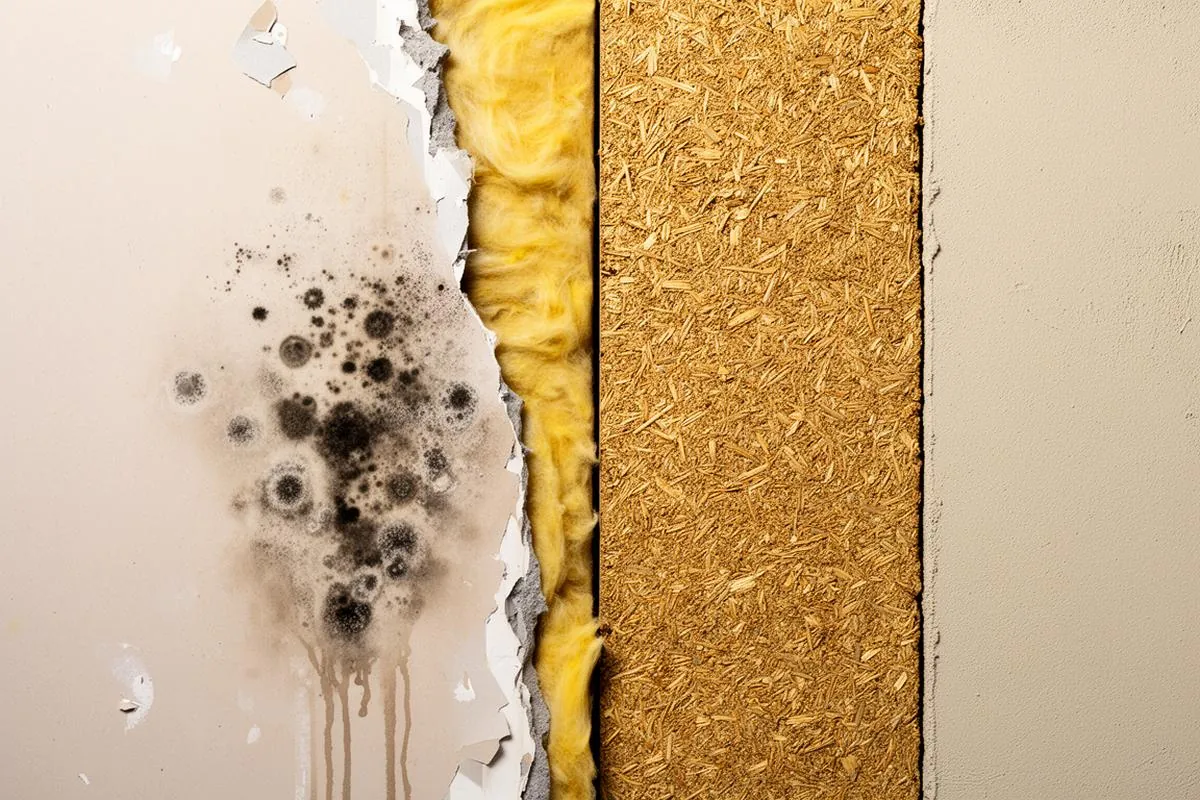 Side-by-side wall assembly comparing conventional insulation to GaiaCrete hempcrete