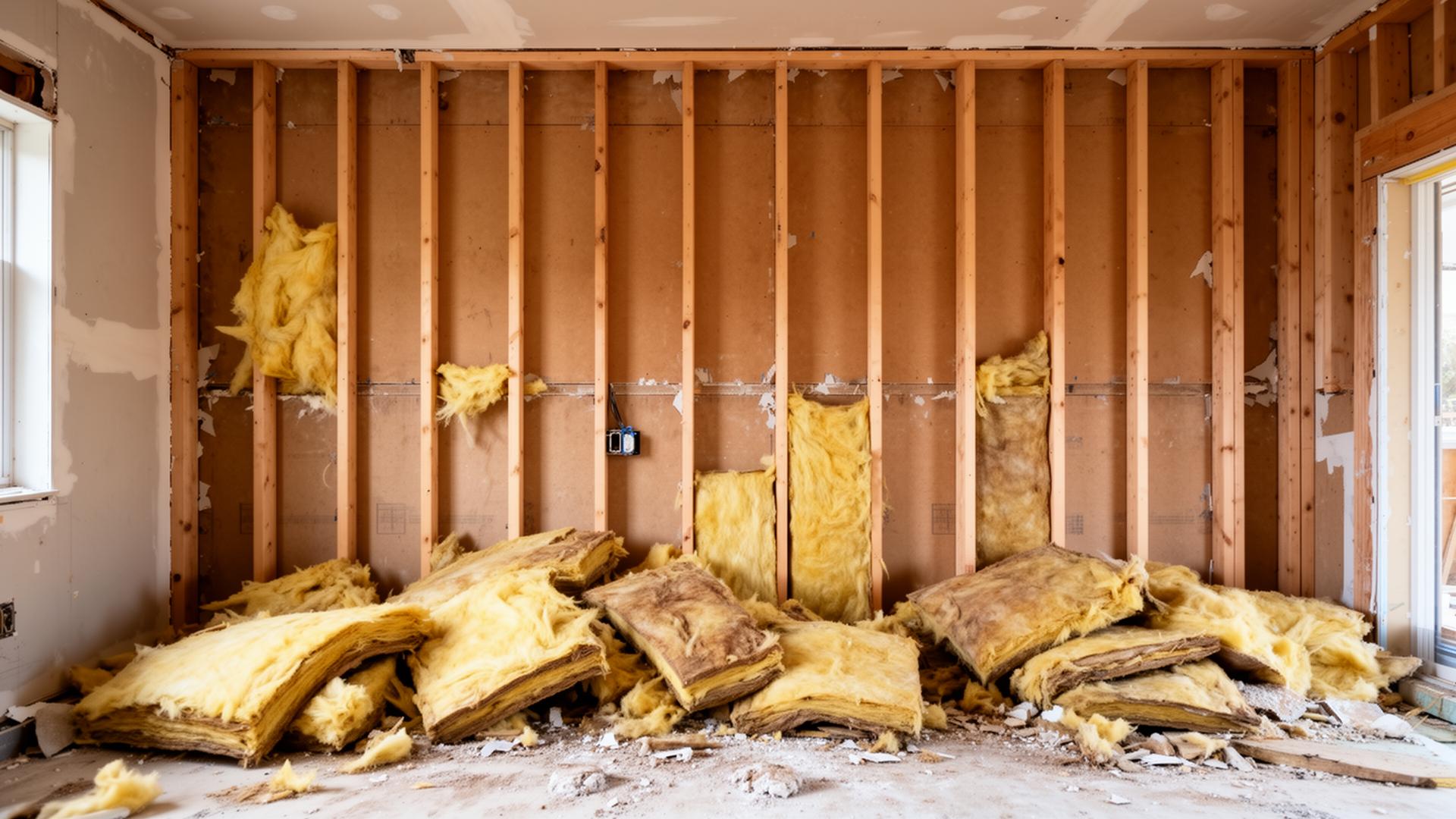Wall opened to studs with old fiberglass insulation removed and piled on floor